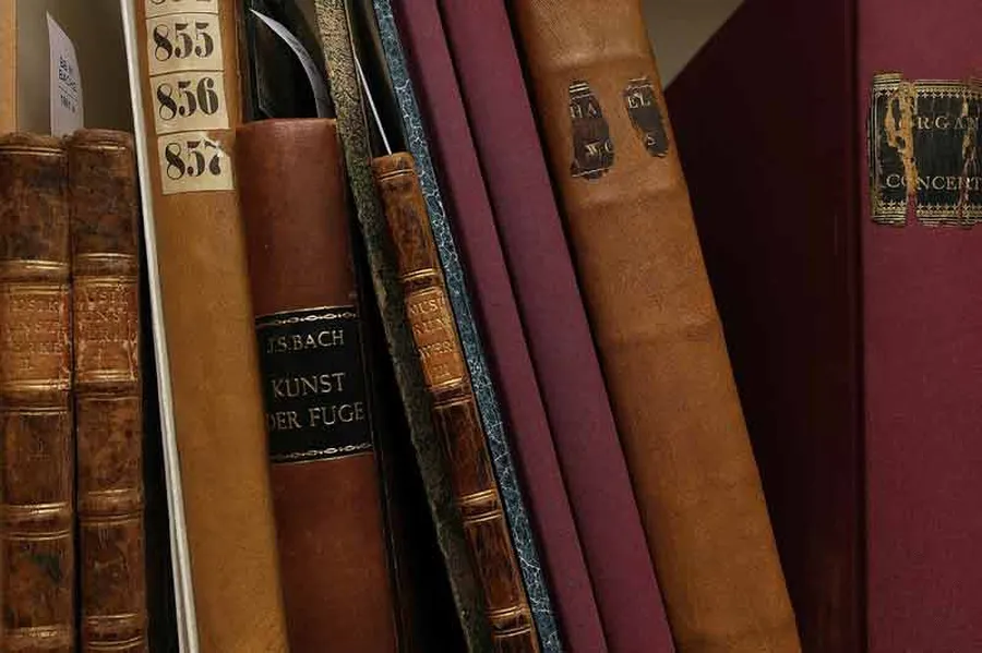 View of a bookshelf. Old and new books stand side by side on the shelves.